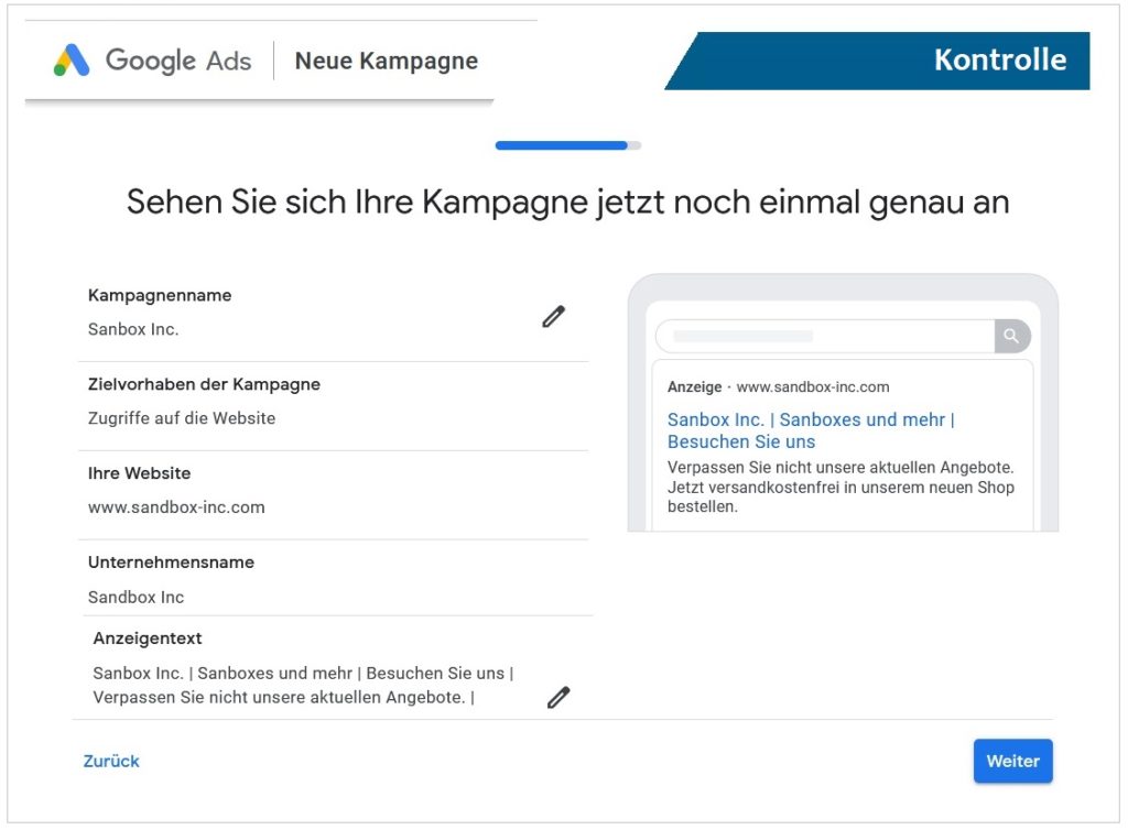 Kampagneneinstellungen kontrollieren