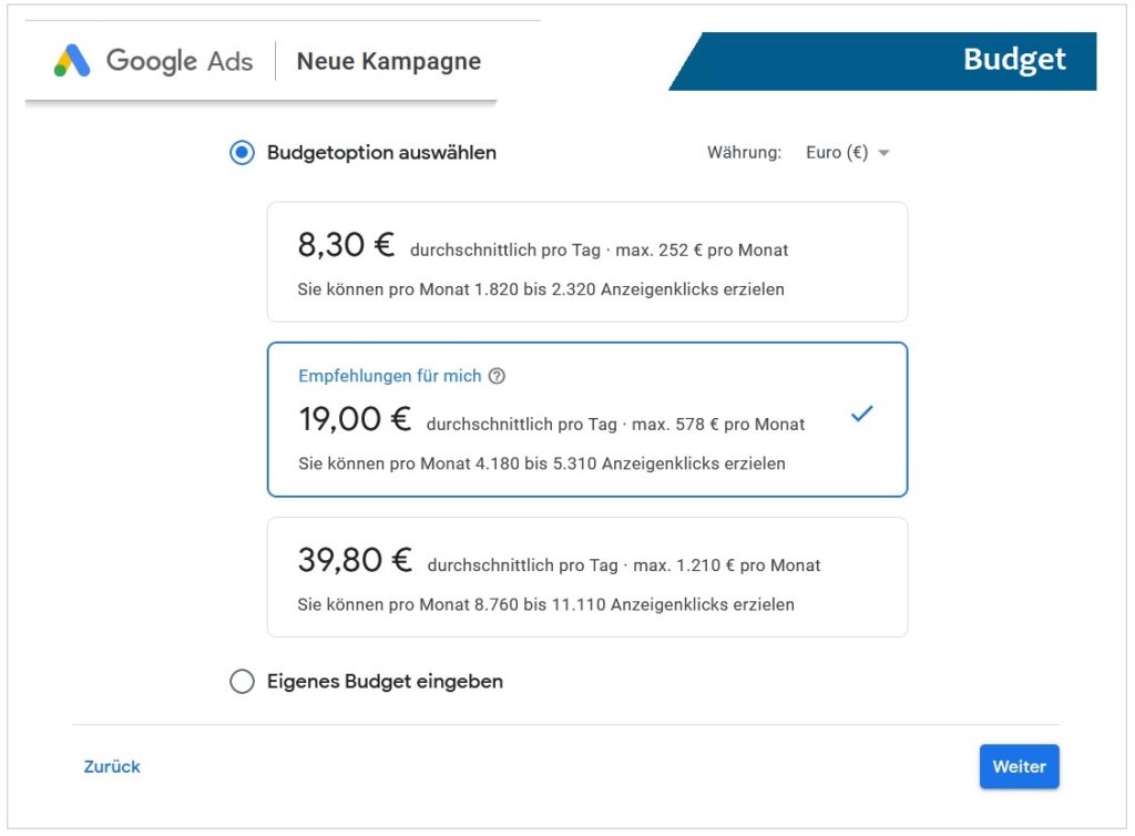 Google Ads Kampagnen Budget auswählen